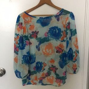3/4 length sleeve. Very flowy, multi colored shirt